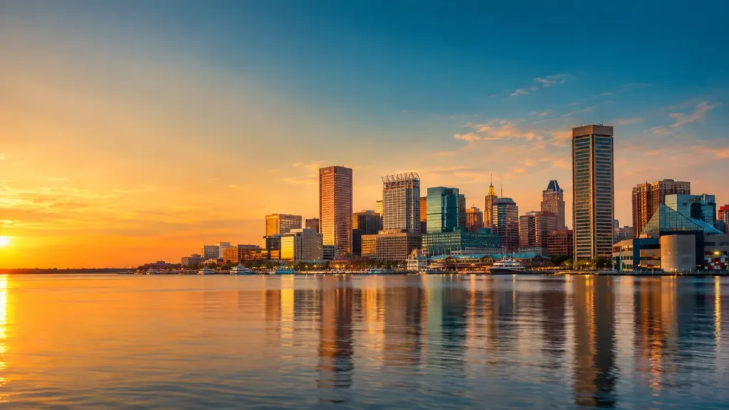 Baltimore skyline reflected on the Inner Harbor at golden hour, representing Equatorial Advisors' Baltimore, Maryland location